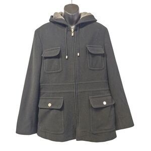 Fleet Street Ltd Womens Black Hooded Zip Up Wool Blend Pea Coat Jacket Size L